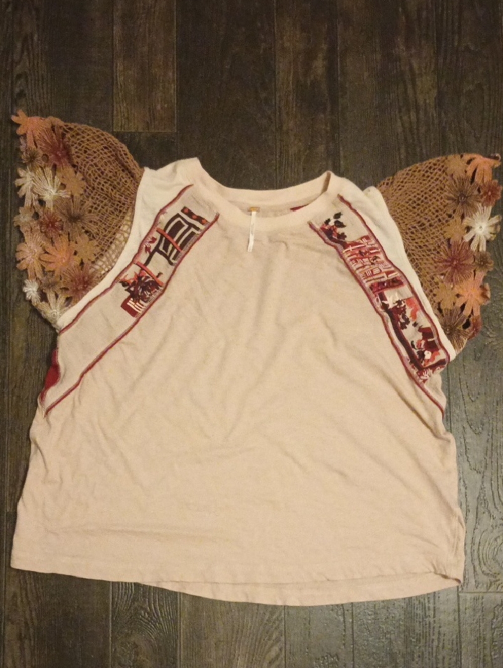 Free People Cream Tank with Embroidered Yoke and Crochet Flutter Sleeves